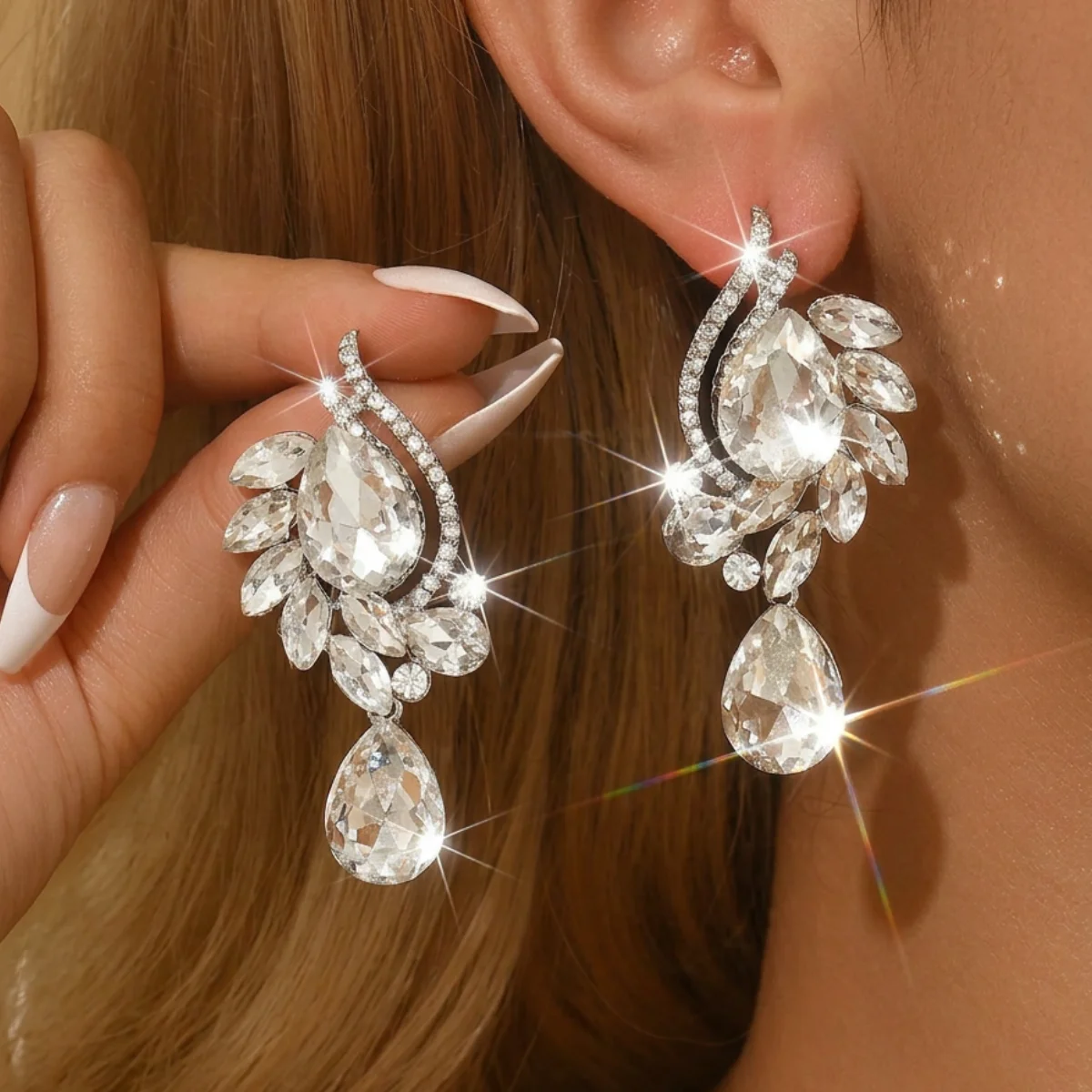 2pc-Delicate Silver Clear Crystal Teardrop Drop Earrings For Homecoming Event Banquet Portrait Shooting