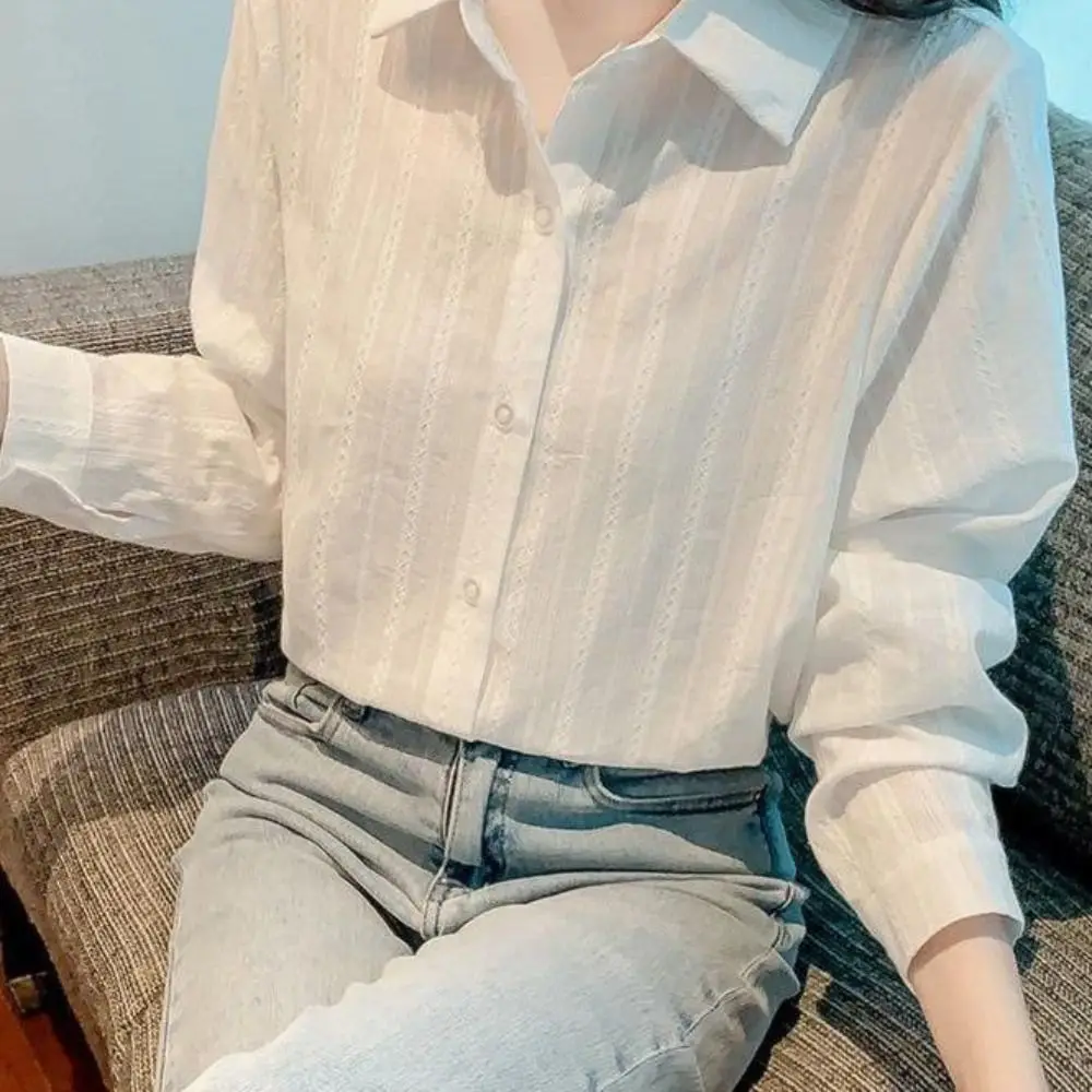 Sweet Strip Shirt Top Thin Casual Long Sleeve Blouse Spring Summer Autumn Sun Protection Button Shirt for Women