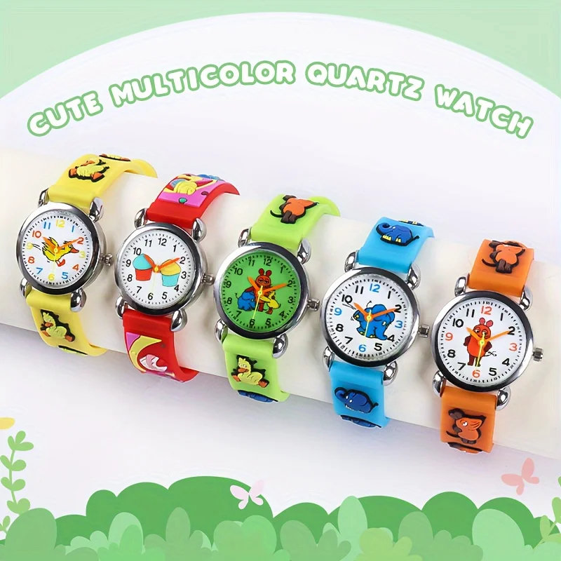 

Часы с силиконовым ремешком и 3D-мультяшным дизайном животных - милые разноцветные аналоговые кварцевые наручные часы