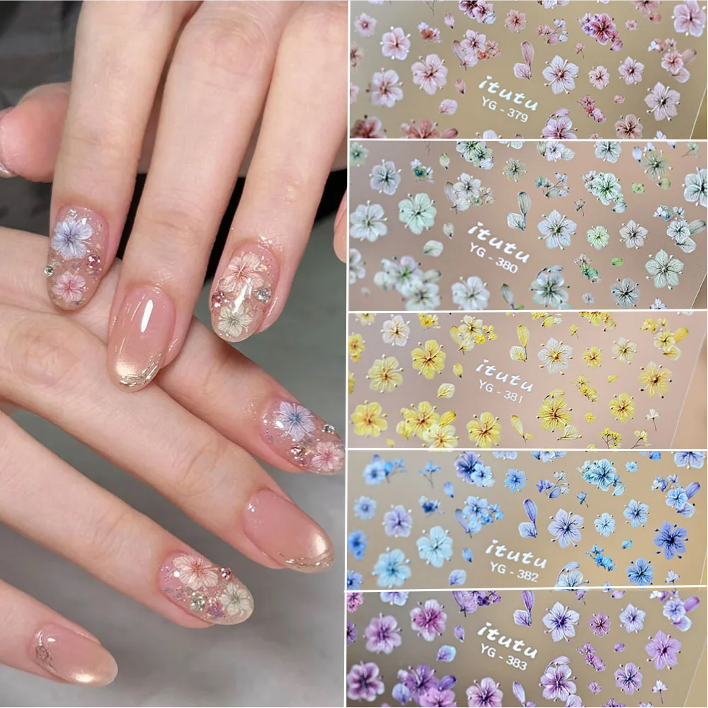 1pcs Dried Flower & Petals Print Nail Art Stickers Colorful Realistic Five-Petal Floral Nail Slider Decals DIY Manicure Supplies
