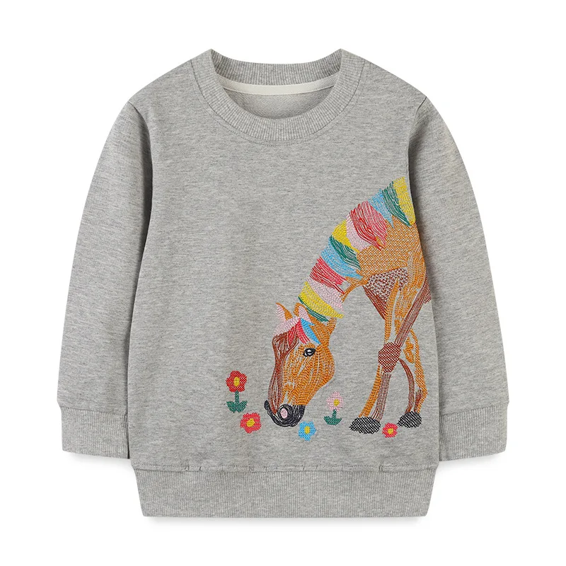 Little maven 2024 Baby Girls New Fashion Tops with Pretty Horse Lovely Grey Children Sweatshirt Cotton for Kids 2-7year