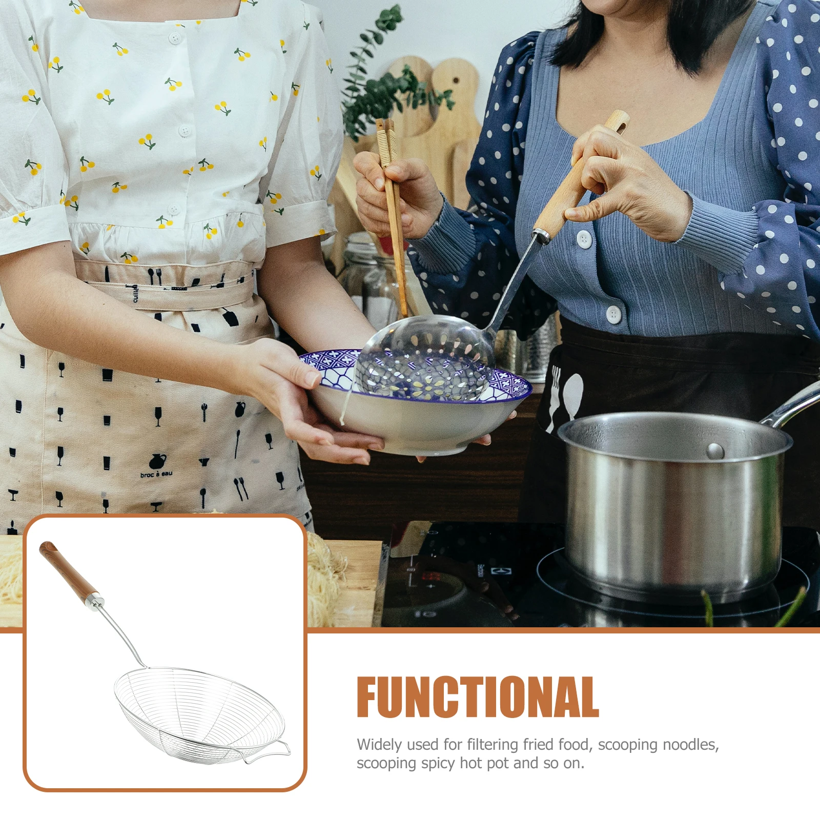

1Pcs Stainless Steel Kitchen Skimmer Spoon Wooden Handle Spider Strainer Colander Scoop for Frying Noodles Spicy Hot Pot Use