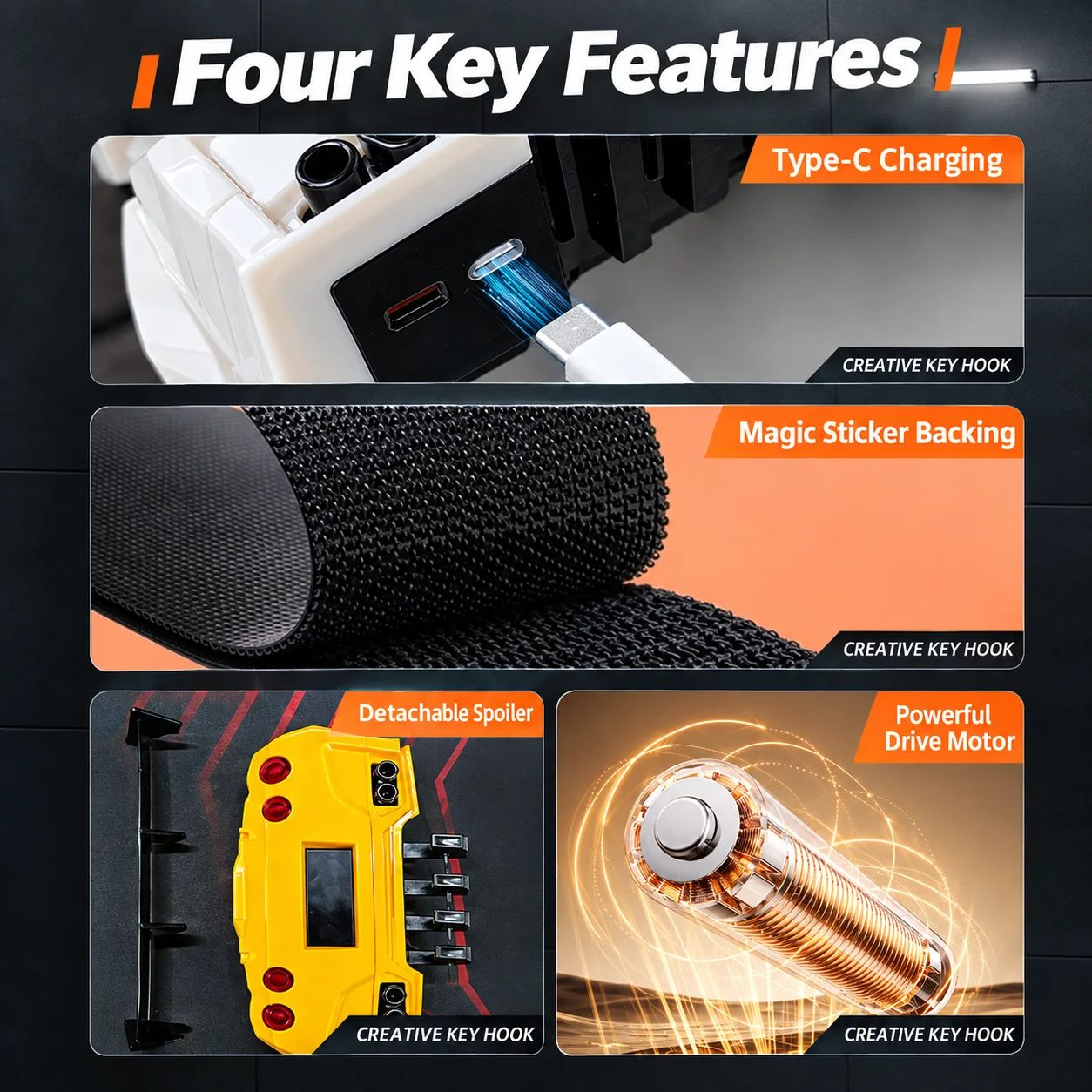 ABS Racing Car Wall Key Holder, Type-C Rechargeable LED Key Hook, No Drill Key Rack, Halloween Birthday Gift for Guys