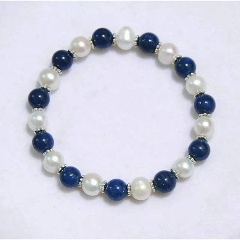 

New Jewelry Bracelet 8mm Lapis Lazuli / White Pearl Gemstones Beads Stretch Bangle Bracelet