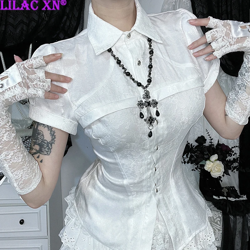 

Elegant Lolita White Lace Patchwork Corset Tops Women Blouses Shirts Fashion Short Sleeve Lace-up Slim Top Summer Shirts T-Shirt