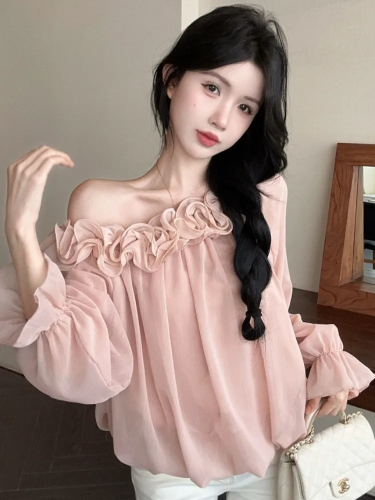 

Sweet Gentle Off-Shoulder Hem Design Sensation Chiffon Shirt Women Spring Autumn New Loose Slimming Versatile Top Citywalk