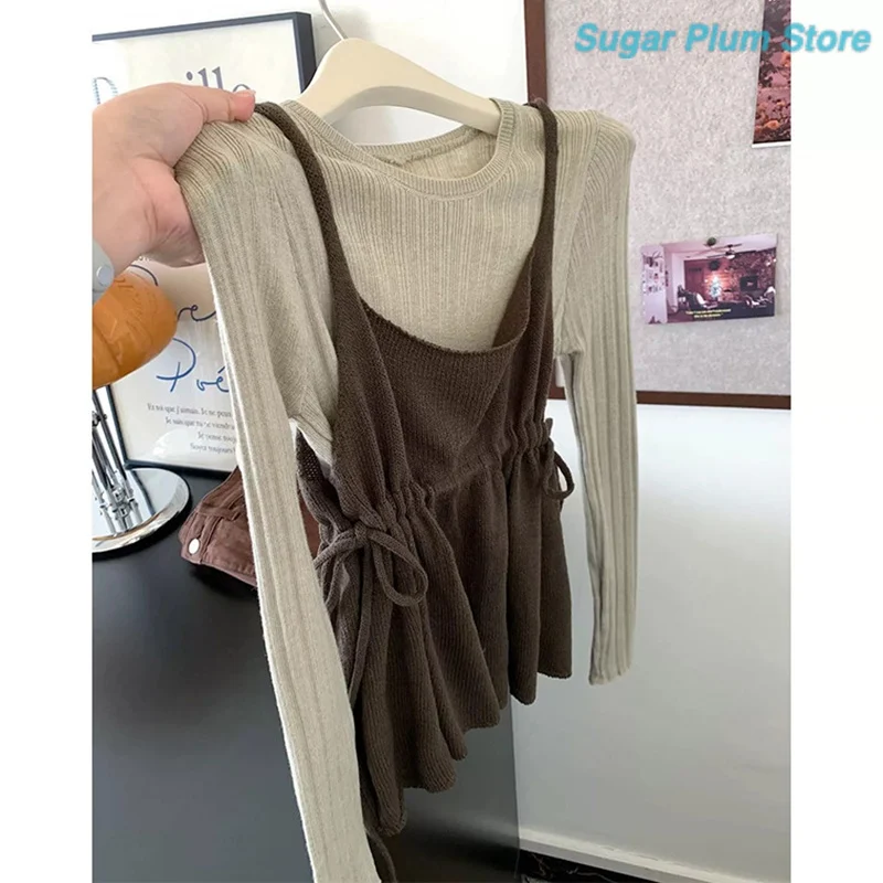 Minimalist Style Autumn Women's New Slim Knit Bottoming Shirt Dark Brown Thin Shoulder Strap Vest Soft and Slim Comfortable Top