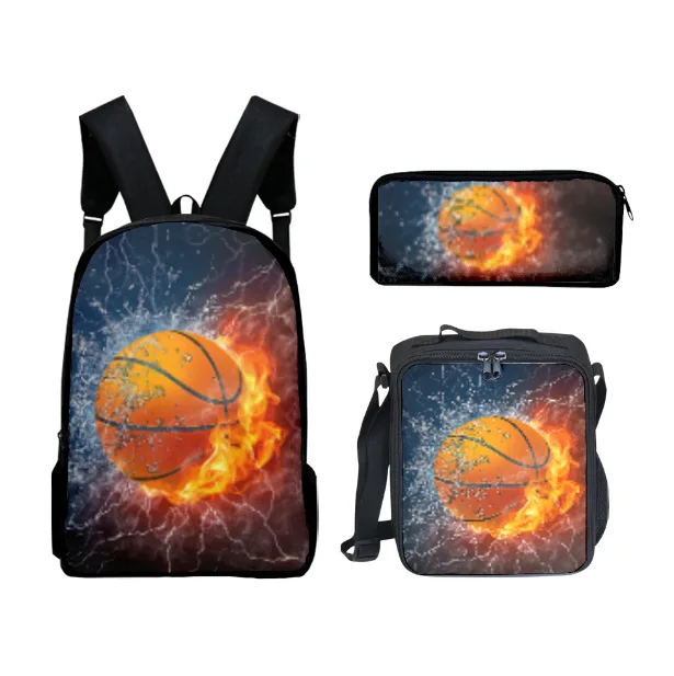 2024 Pritned Football Basketball Backpack Lunch Bag Pen Case 3psc/set Primary Middle School Students Boys Girls Schoolbag