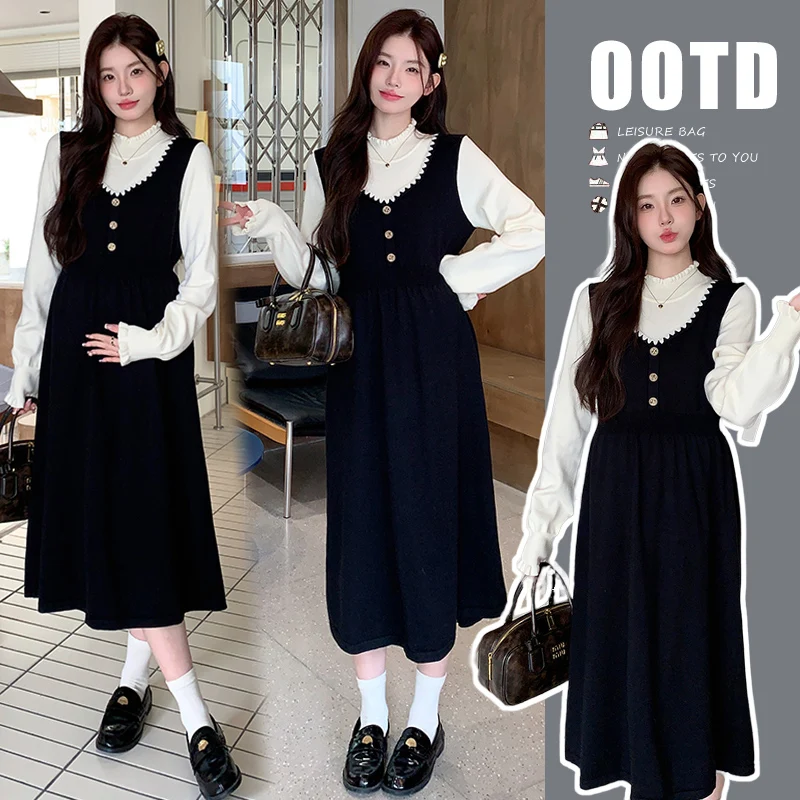 black-knitted-maternity-dress-hepburn-style-spliced-long-skirt-base-layer-women's-autumn-winter-fashion-elegant-pregnant-wome