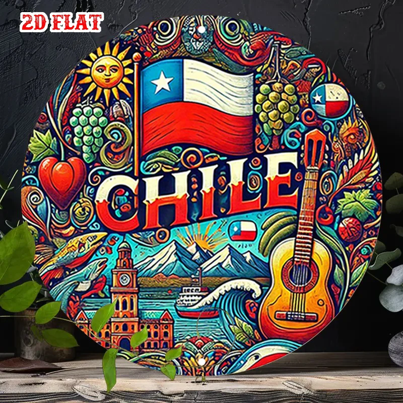 2D Metal Sign Chile Country Flag Vintage Retro Colorful Folk Art Guitar Wine Tin Wall Decor for Home Bar