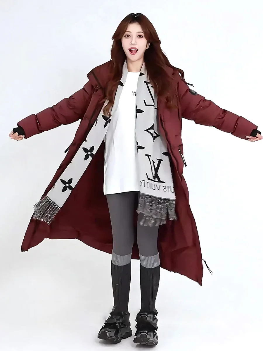 2025년 겨울 패셔너블한 레드 후드 방한 다운 재킷 여성용 코트 출퇴근용 슬림 화이트 다운 충전재