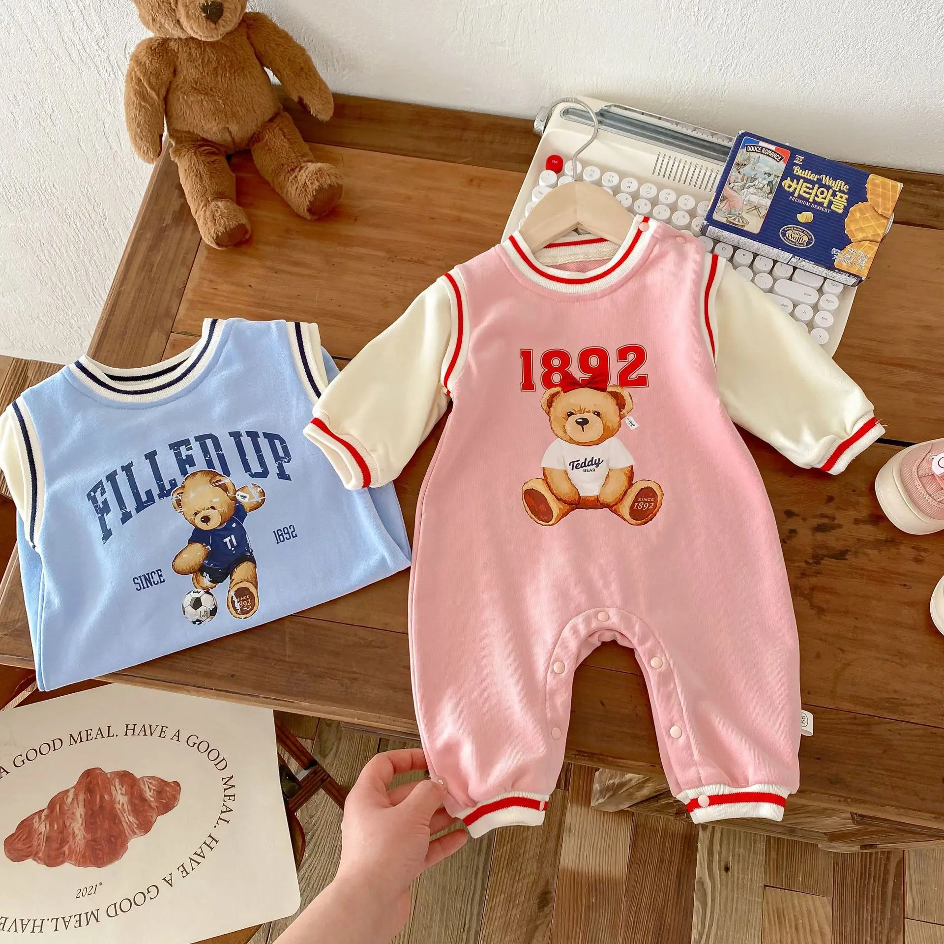 2024 Spring Autumn Infant Baby Boys Girls Patchwork Cartoon Bear Jumpsuits Toddler Kids Cute Clothing Romper Newborn 0-24M