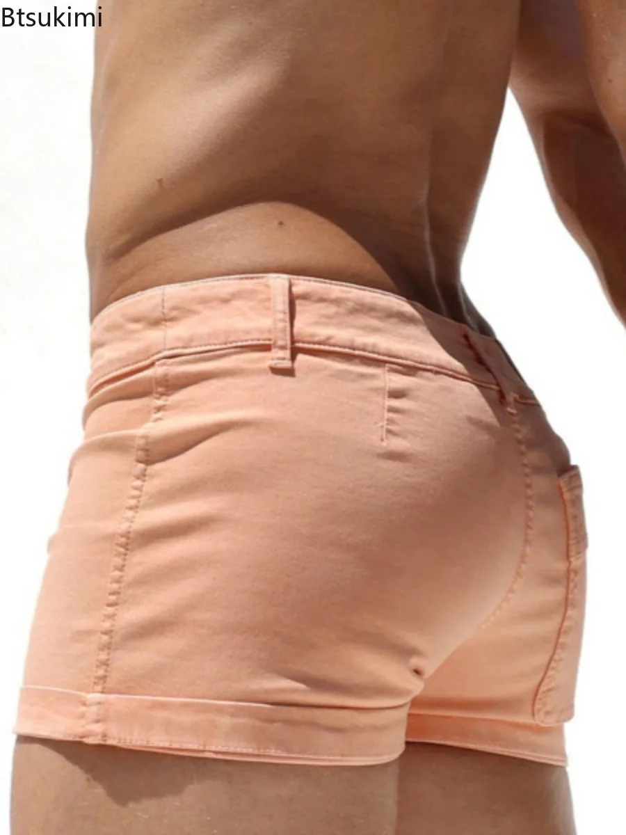 New 2025 Men's Casual Slim Shorts Sexy Low Waist Beach Style Solid Outdoor Vacation Short Pants Summer Fashion Basic Men Shorts