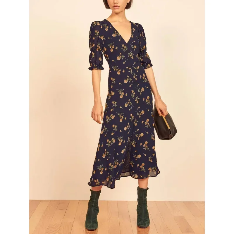 

2024 New Arrivals Top Quality Beach Style Floral Print V-Neck Sheer Lantern Sleeve Women Midi Dress for Holiday