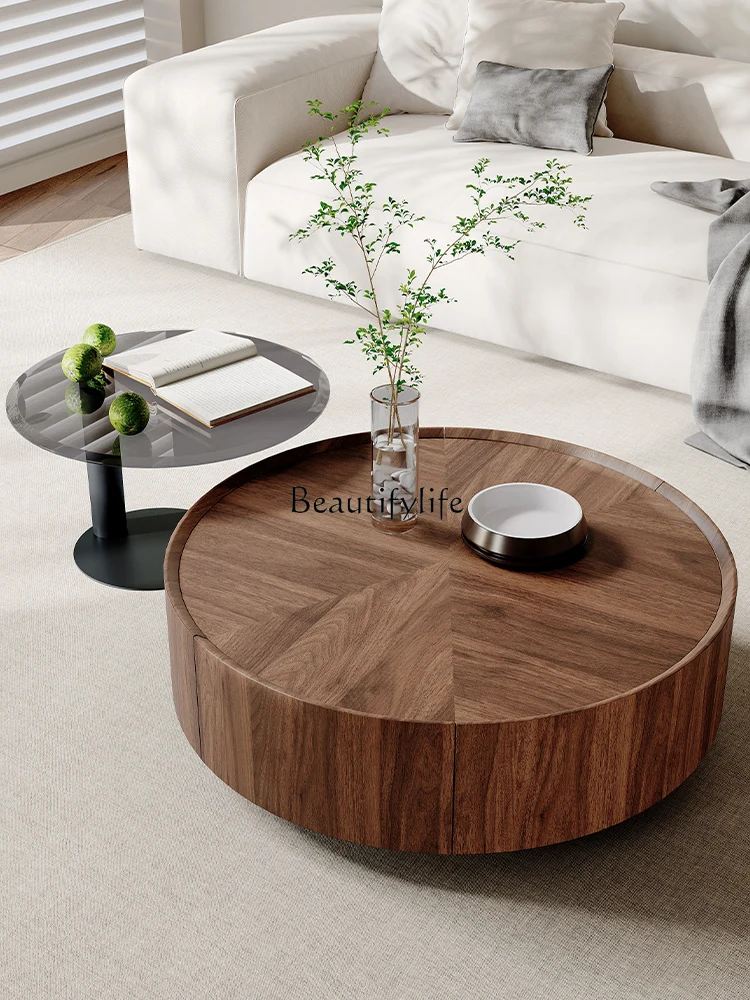 

Sili Style Minimalist Small Apartment Living Room Antique Style High-End Walnut Storage round Tea Table Combination