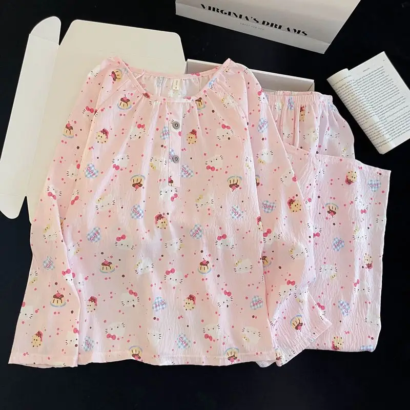 

Sanrio Cotton Sleepwear Hello Kitty Pajamas Spring Pyjamas Long Sleeve Pant Pijama Women's Nightwear Casual Home Clothes 2 Piece