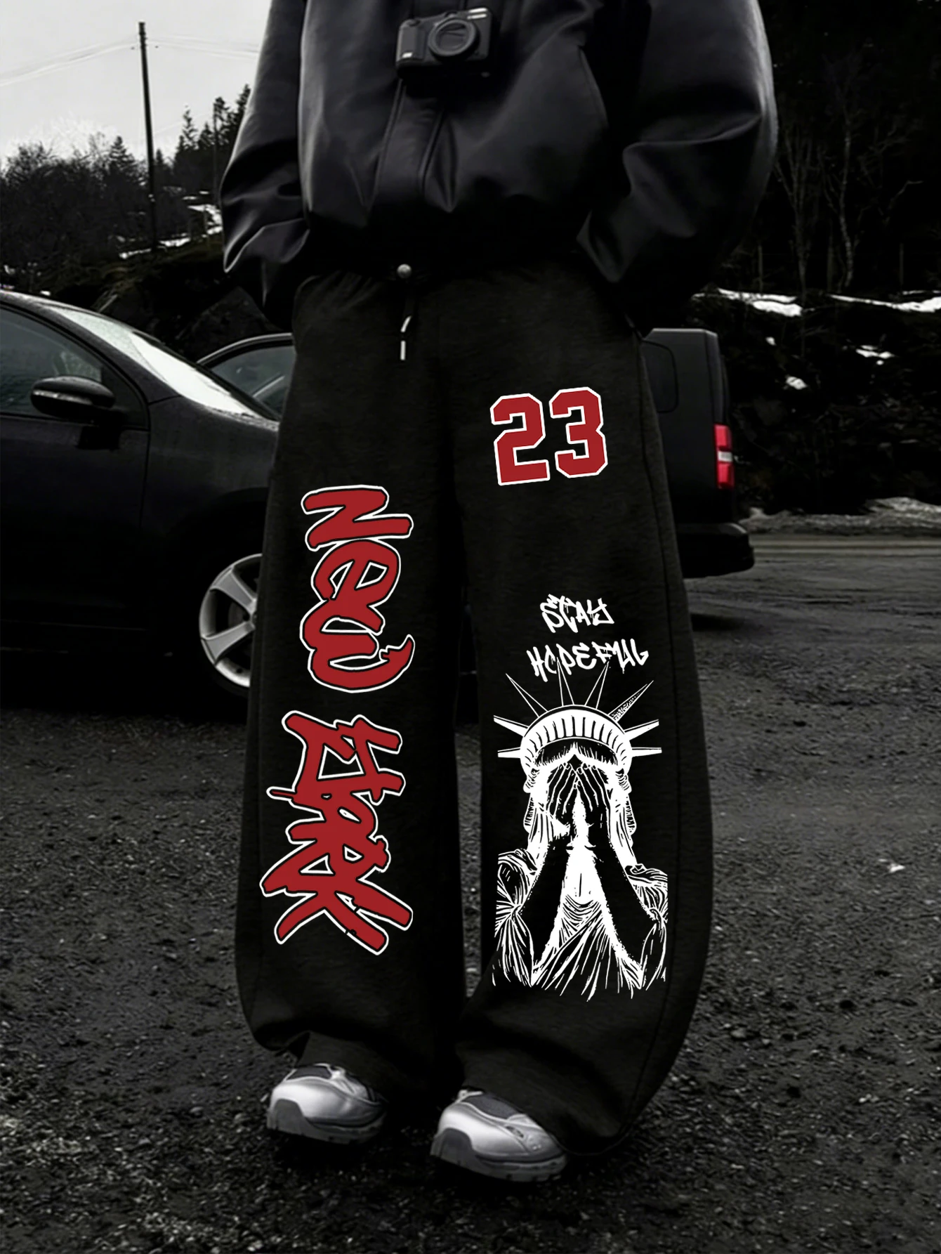 Men Baggy Sweatpants, Vintage US Statue Liberty Graffiti Number 23 Asymmetrical Double‑Side Print Drawstring Loose WideLegJogger