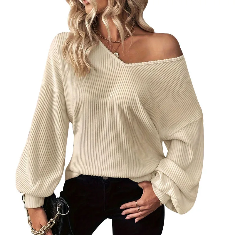 2025 New Women's T-shirt V-neck Off-shoulder Long-sleeved Loose Comfortable Fashion Pullover Backless Bow Design Simple Tees