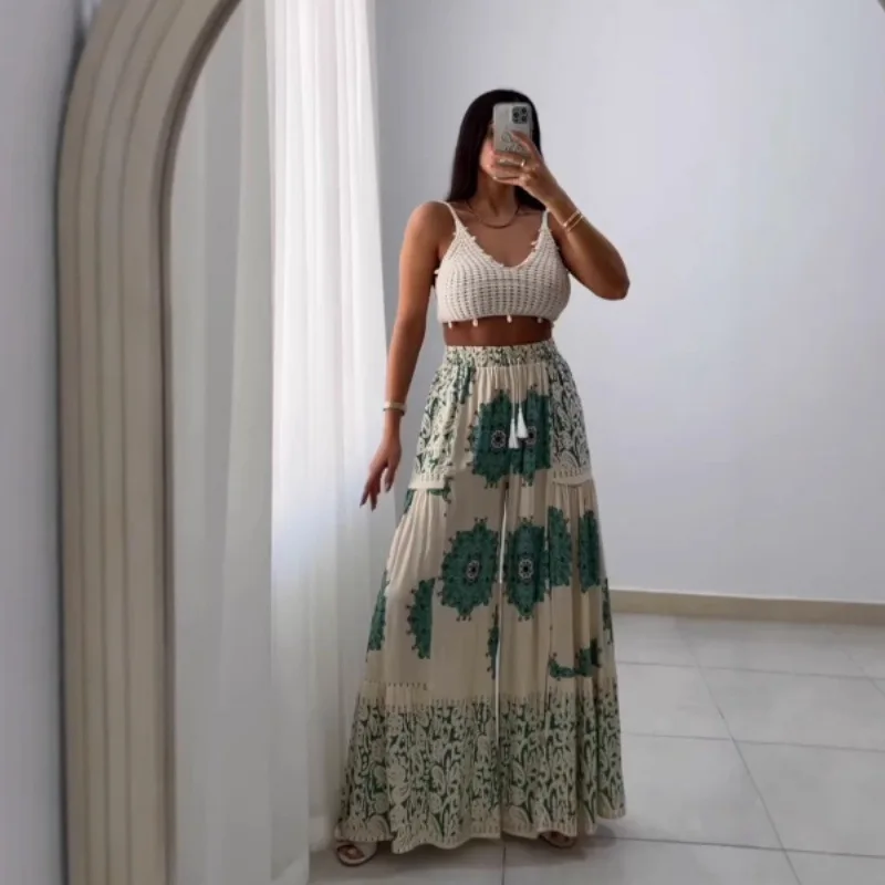 

Printed fashion vacation wide-leg pants high waist lace-up rubber band casual pants simple and versatile temperament elegant vac