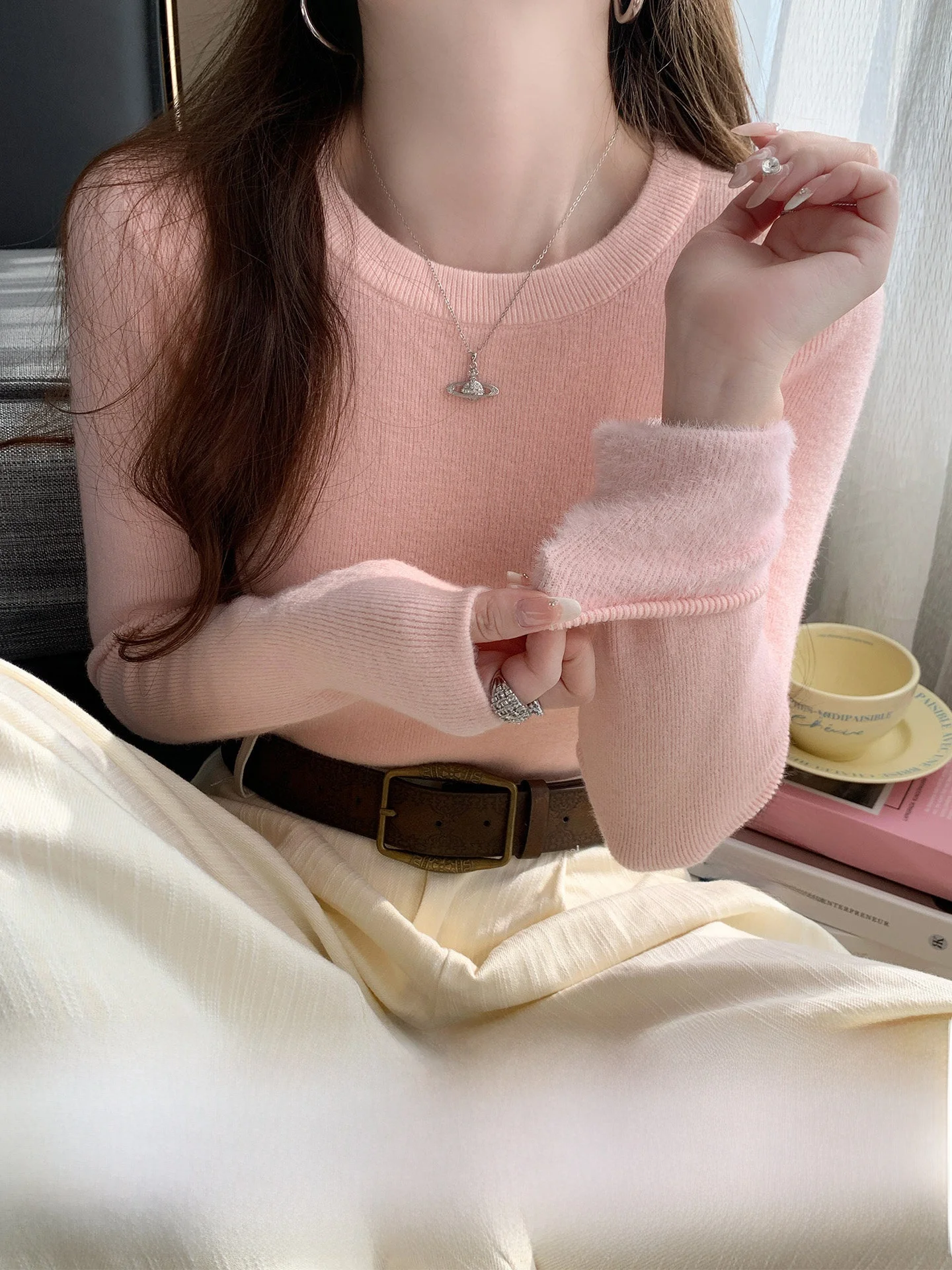 

Women's Fce Lined round Ne Sweater Pink Inteated Fce Base Layer irt Warm Top for Autumn Winter Commute Sle