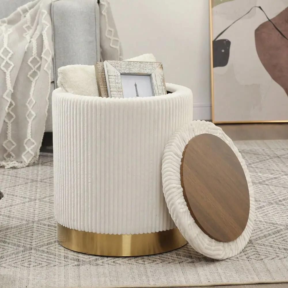 

Inch Round Storage Ottoman With Reversible Lid Tray, Small Corduroy Footrest Stool With Metal Base, Modern Accent Vanity Chair