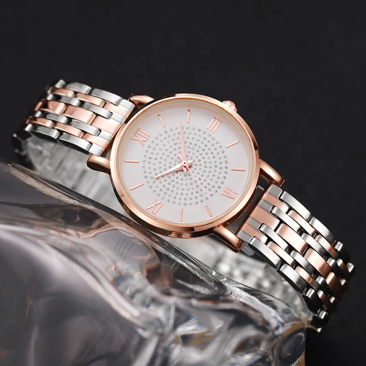 6pcs/set Women Luxury Stainless Steel Quartz Watch & Diamond Jewelry Set