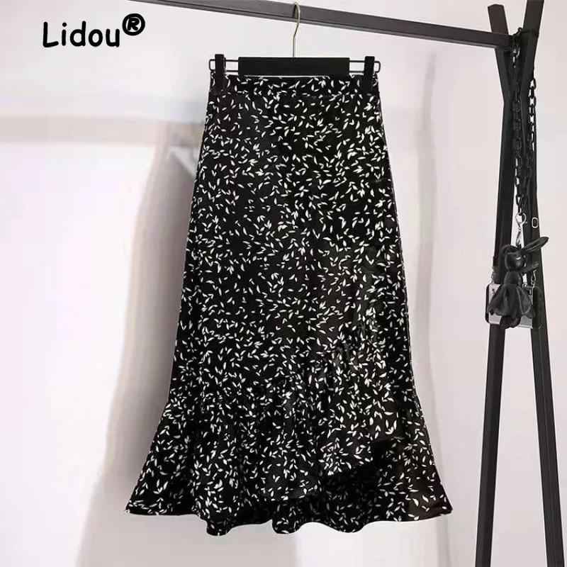 

Fashion Printing Patchwork Fishtail Skirt Women Classic High Waist Chiffon Slim Office Casual All-match Lady A-line Skirt