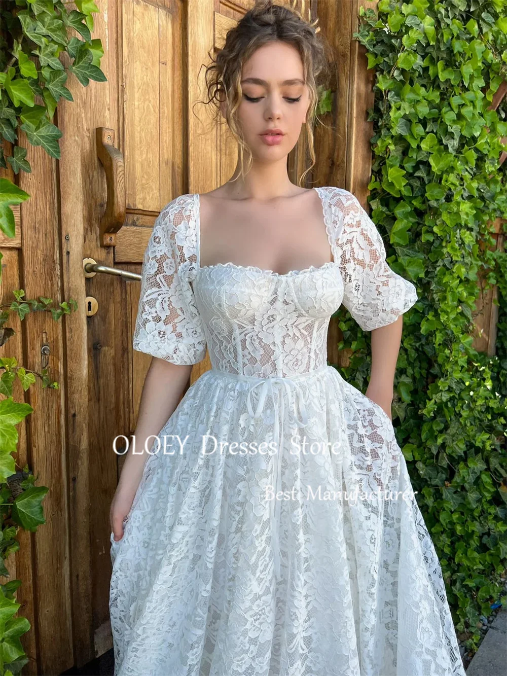 OLOEY Modern Style Lace Followers Wedding Dress For Woman Tea-length Backless Vestidos Novias Boda Bridal Gown