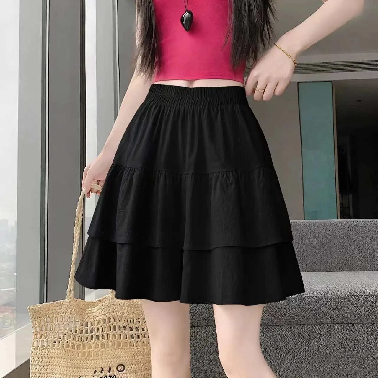 Elastic Waist Solid Loose Sweet A-line Skirt Women Clothing New Summer Thin Tassel Youth Cute Short Skirts Fashion Trend