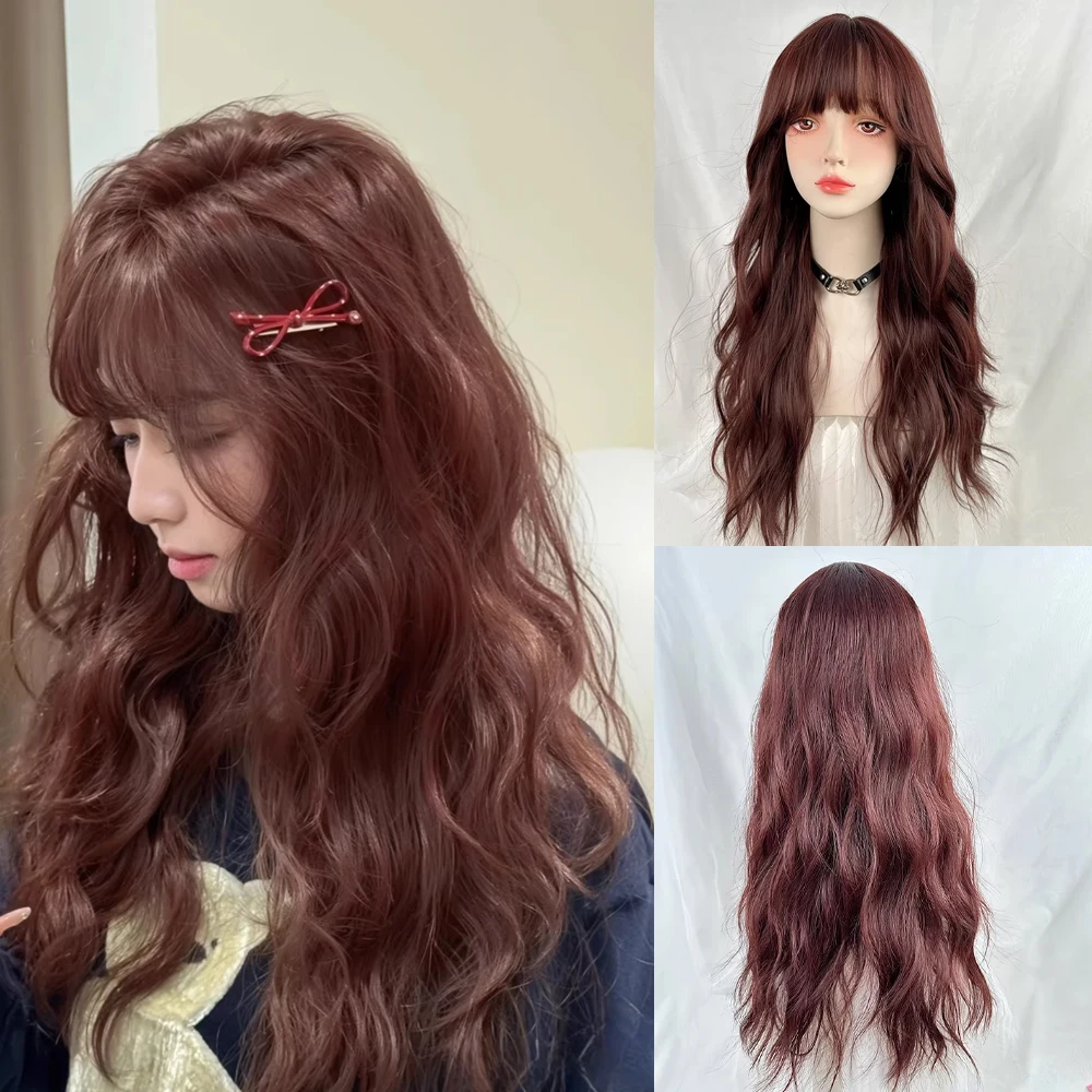 

Длинные волнистые коричневые синтетические парики с челкой для косплея Лолиты, женские пушистые парики, термостойкие, для повседневного использования и вечеринок