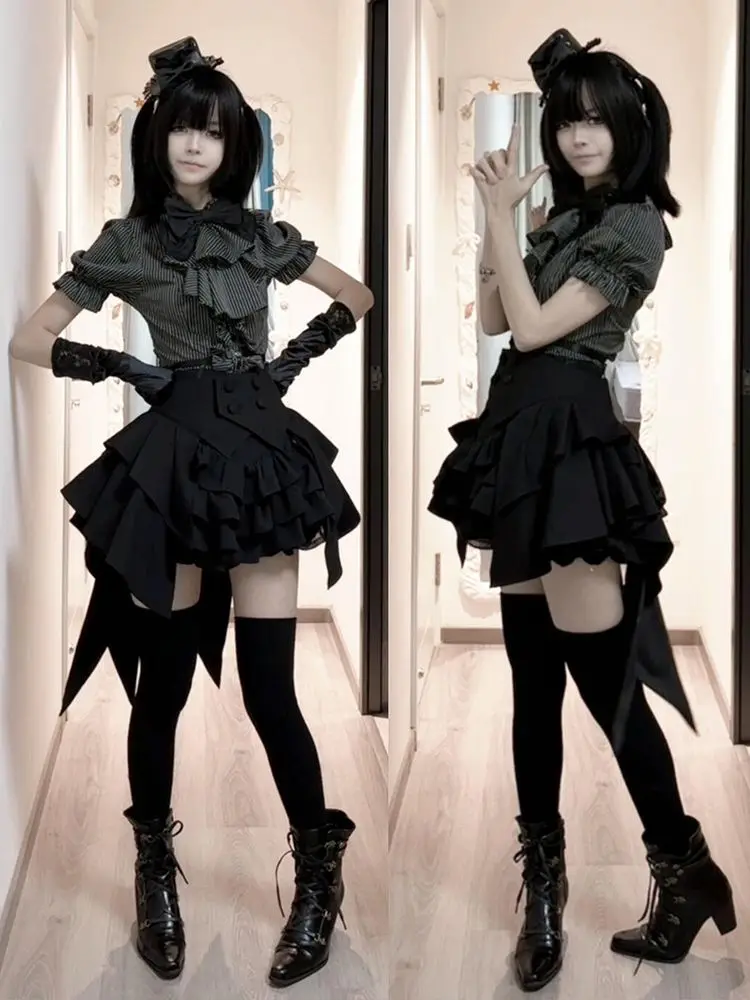 Japanese Gothic Lolita Subculture 3 Piece Set Women Summer Slim Fit Striped Bow Puff Sleeve Ruffle Blouse Layered Mini Skirt