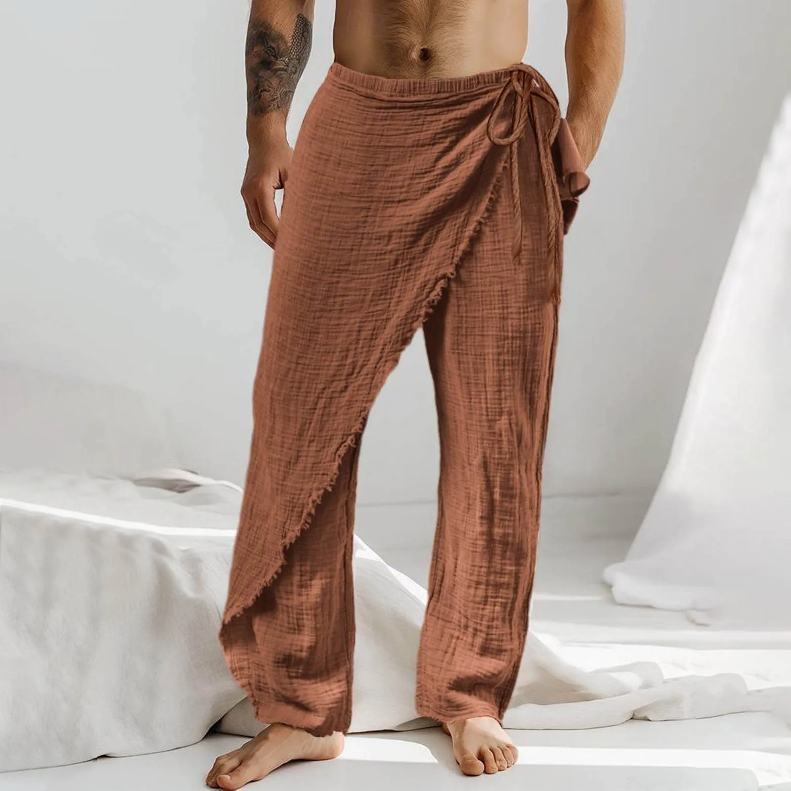 Men Linen Drawstring Personalized Pants Casual Loose Holiday Irregular Ruffled High Split Pants Wide Leg Comfort Breathable Pant