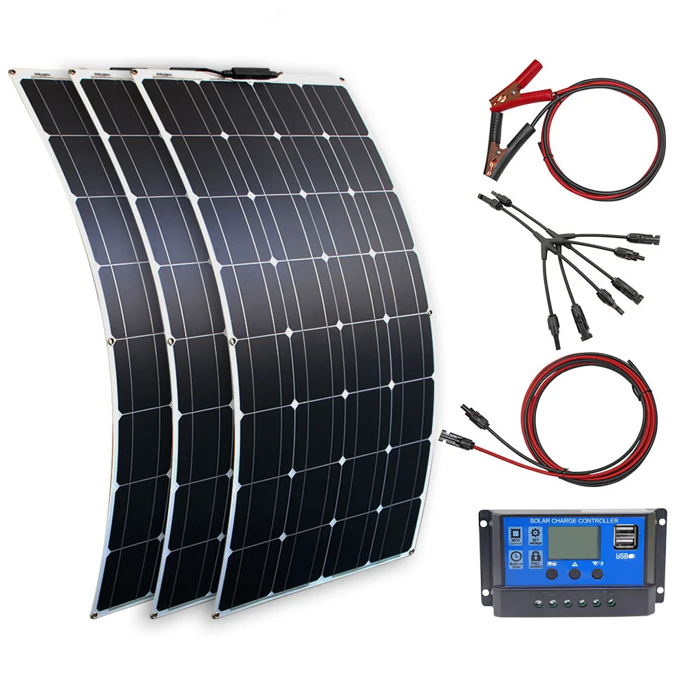 zonnepaneelkit en 300w 200w 100w flexibele zonnepanelen 12v 24v hoog rendement acculadermodule - afbeelding 2