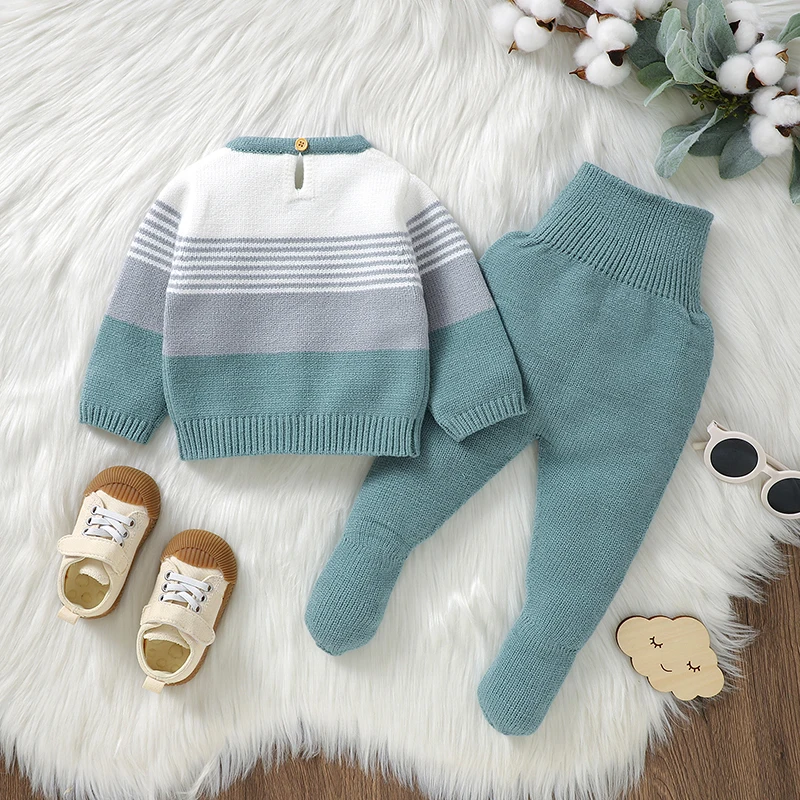 Newborn Baby Clothes Set Knitted Fashion Striped Infant Long Sleeve Sweater +Pants 2PC Toddler Kid Pullover +Pantyhose 0-9M Warm