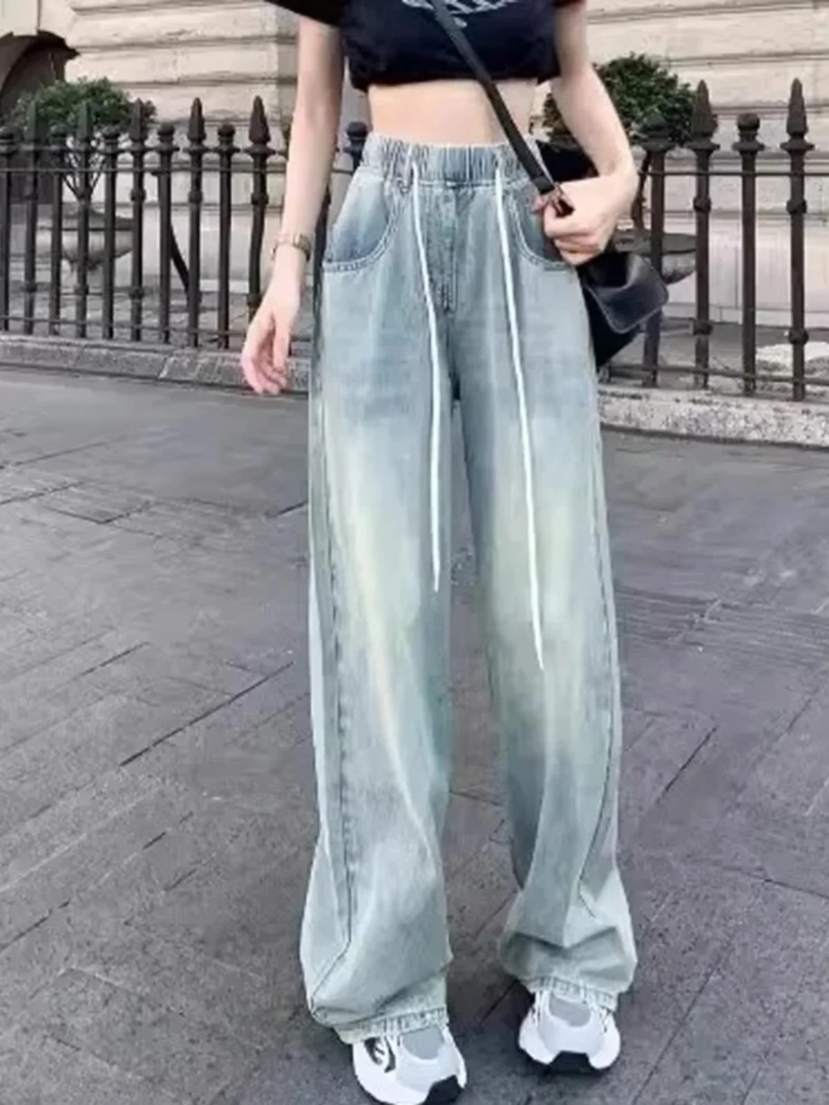 레트로 엘라스틱 웨이스트 끈 데님 청바지 여성용 봄 여름 한국 버전 하이 웨이스트 슬림 학생용 스트레이트 레그 바지...