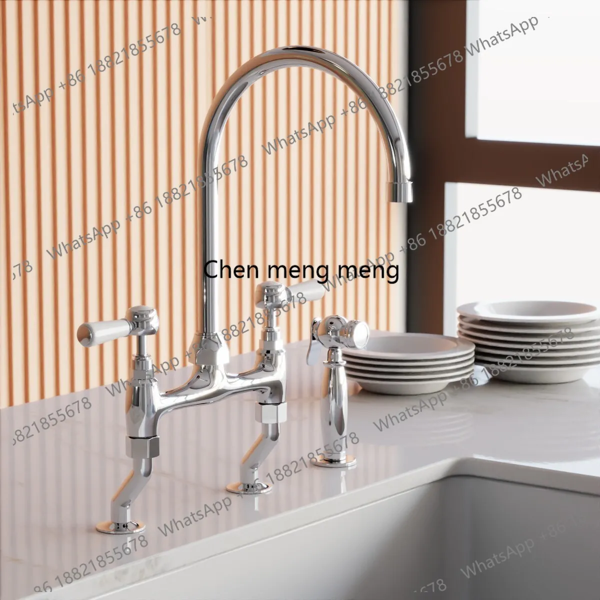 French retro bridge kitchen faucet all copper double hole rotatable adjustable installation hole spacing ceramic handle