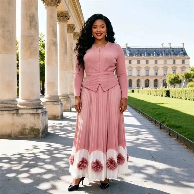 ANLAN Elegant Women's Miyaki Pleated Long Dress Long Sleeve Belted Maxi Dresses With 3D Floral Bead Hem African Outfit 7R5619