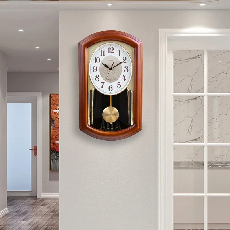 Pendulum Wall Clock Chinese and European Style Living Room Quartz Clock with Music and Timekeeping Statement Home Clock