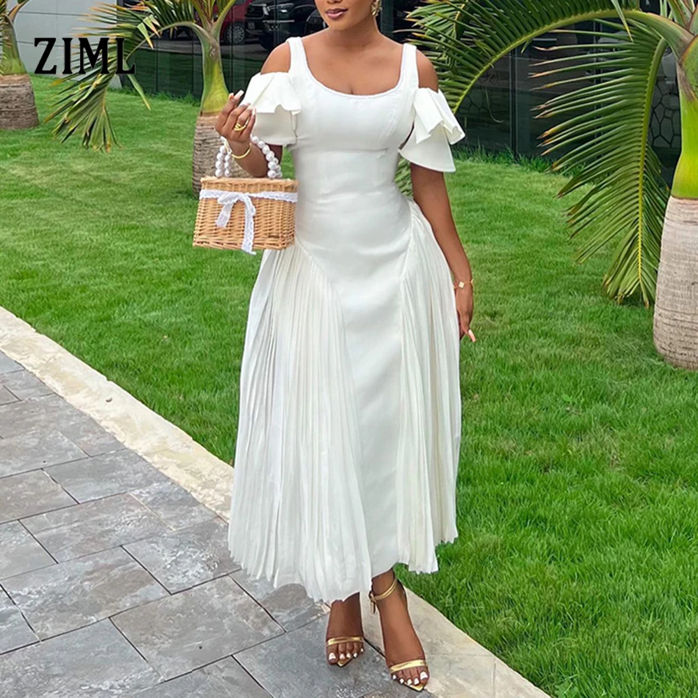 

ZIML Solid Spliced Folds Elegant Dresses for Women Square Collar Off Shoulder Sleeve High Waist Temperament Dress Female Fashion