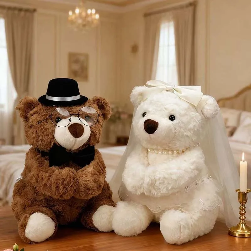 Sweet Wedding Couple Teddy Bear Plush Set Squishy Stuffed Doll Marriage Table Decor Romantic Photo Prop Wedding Gift for Couples