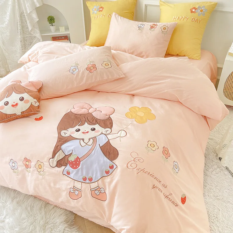 Cartoon all cotton washed cotton four piece set, pure cotton cute teddy bear sticker, embroidered duvet cover, children's bed sh