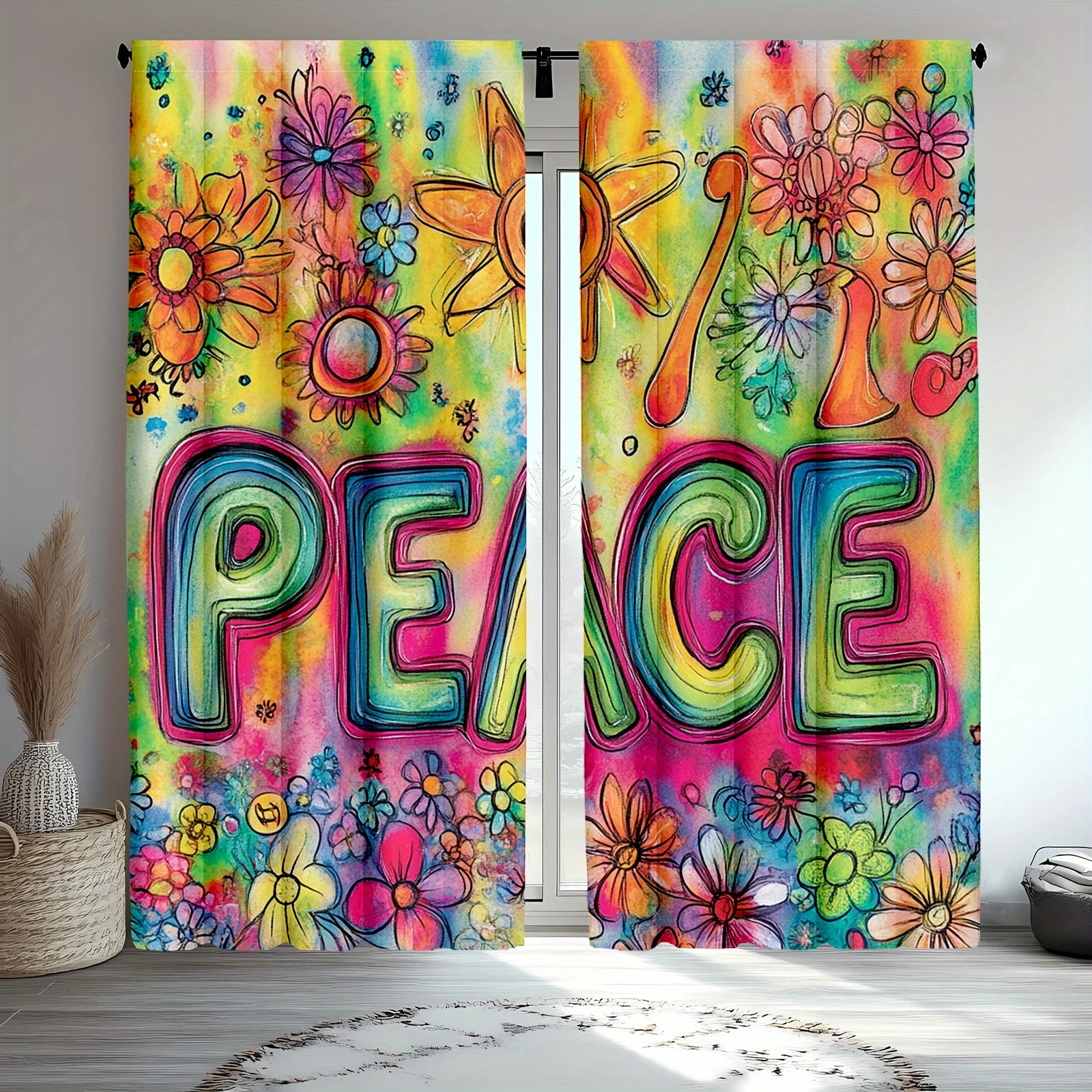 Peace Sign Curtain, Retro Hippie Flower Power Window Drape, 60s Psychedelic Art Blackout Panel, Living Room Bedroom Decor