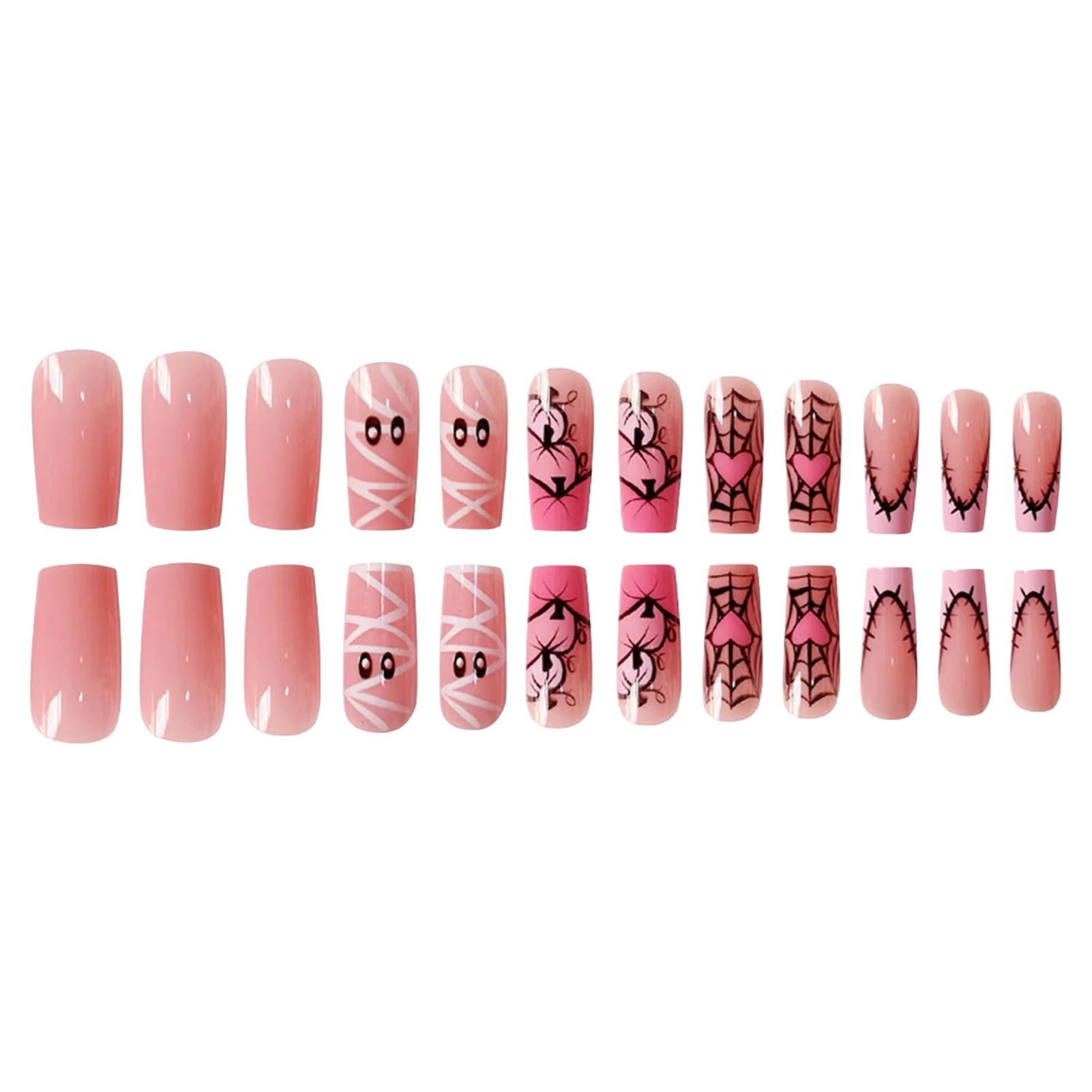 24pcs Sweet Cool Halloween False Nails Pink Medium Coffin French Fake Nails Bandage Ghost Spiderweb Pumpkin Design Press On Nail