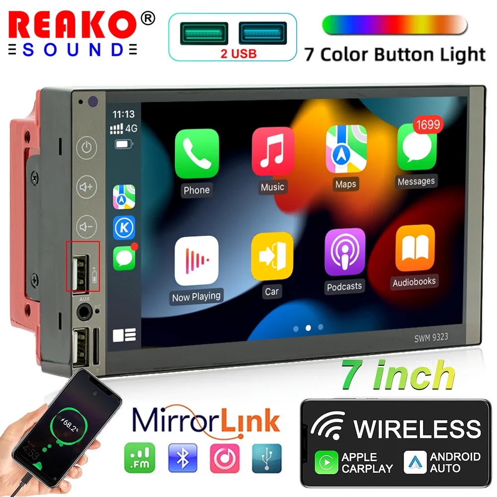 

REAKOSOUND 7 inch 2 Din Car Radio Autoradio MP5 Wireless carplay Android Auto Multimedia Player Support USB TF FM BT AUX Stereo