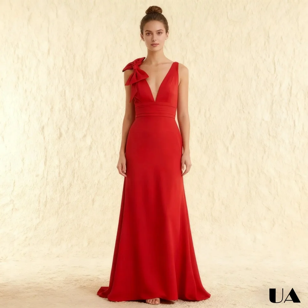 

Simple Long Mermaid Prom Dress, Tailored Size Deep V-neck Solid Evening Dress, Red Tank Sleeve Bow Detail Customized Party Gown