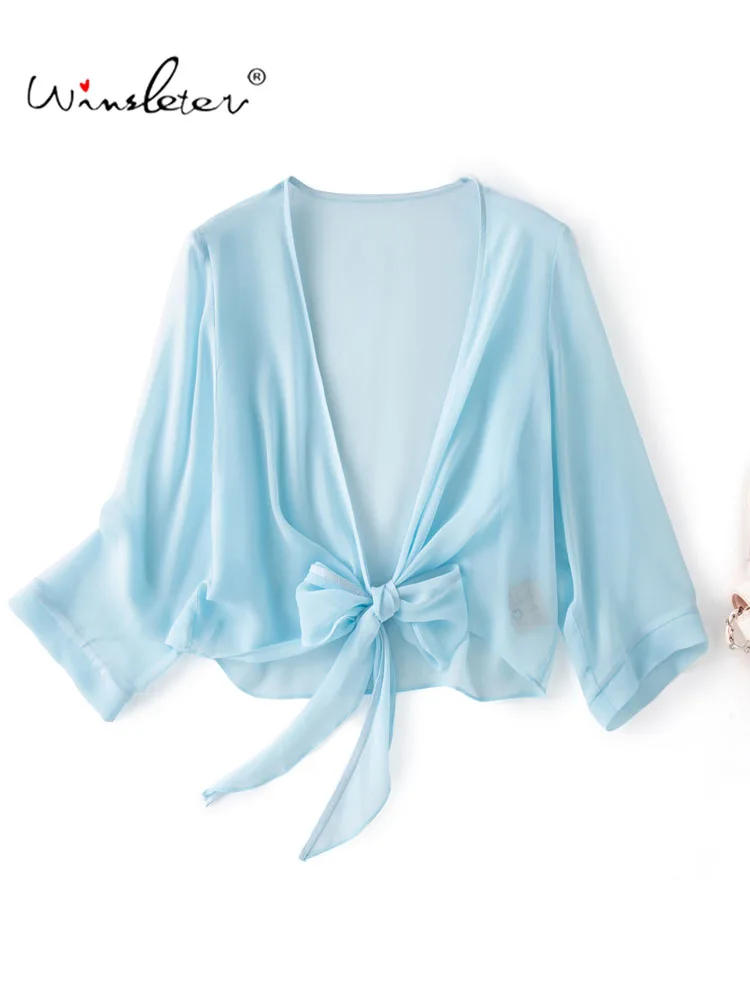 Winsleter-8MM 100% Silk Elegant Coat, 3/4 Sleeve Lace-up, Women Vacation Sunscreen Thin Sheer Coat, 2026 Summer New C67571CC