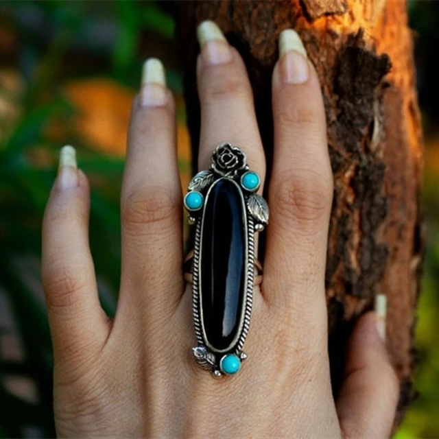Boho Black Onyx Ring Stone Silver Color Ring Statement Ring Floral Ring Black Stone Ring Rings AliExpress