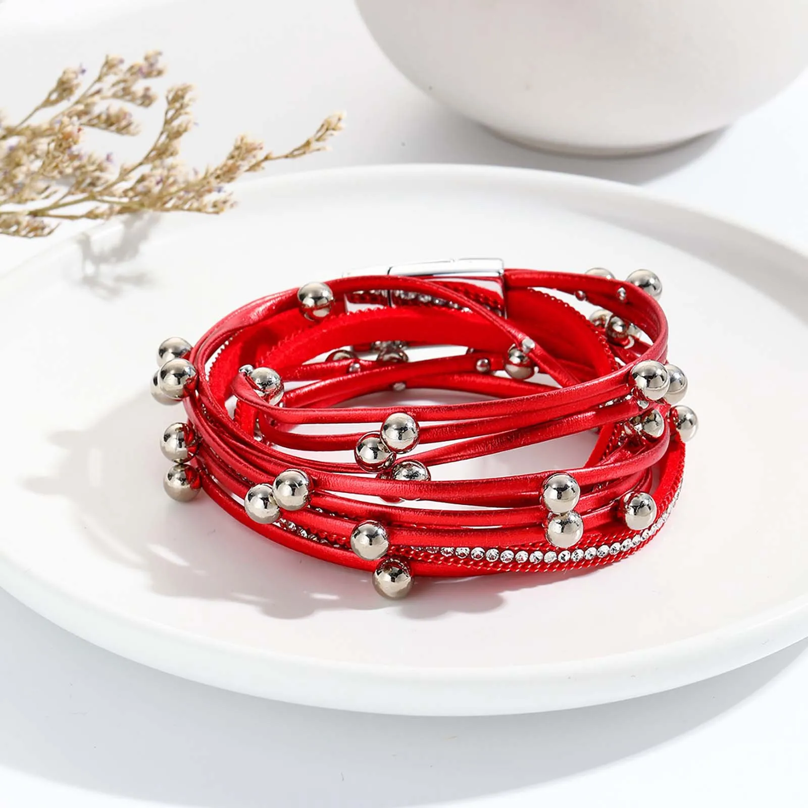 Simulated Beaded Leather Multi-layer Bracelet Women's Chic Streetwear Magnetic Clasp Jewelry Fashionable Accessories