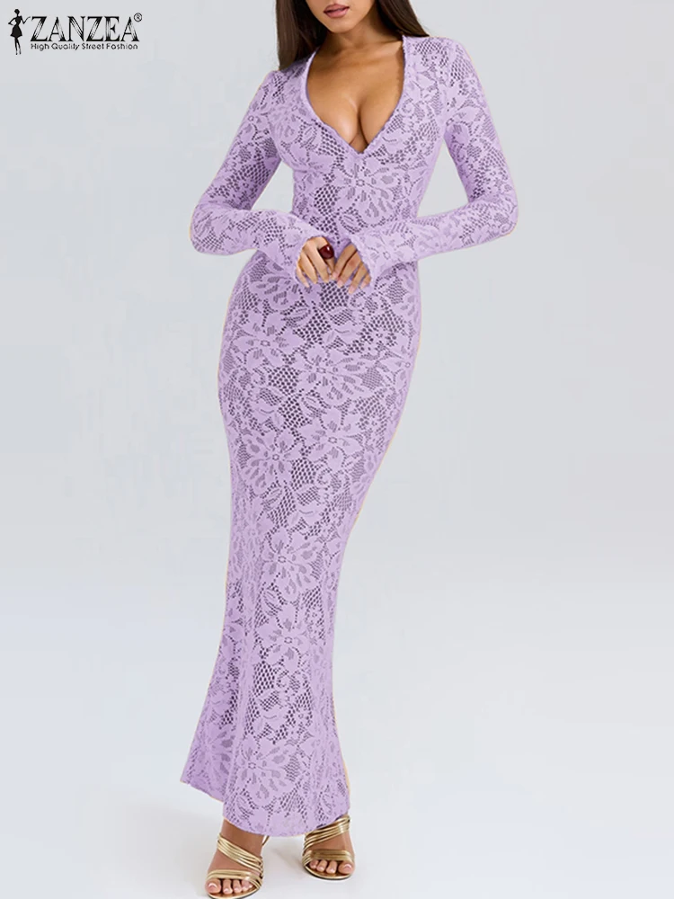 

ZANZEA Women Wedding Party Dresses Lace Long Sundress Elegant Fashion V-Neck Long Sleeve Solid Hollow Out Sexy Ruffled Slim Robe
