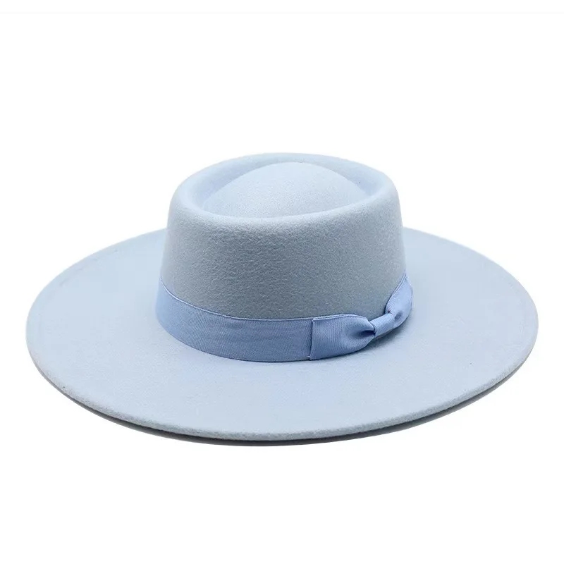 9.5cm Brim Round Top Hat Solid Color Fedoras Bow Flat Top Boater Style Panama Hats for Women Men Party Wedding Church Felt Caps